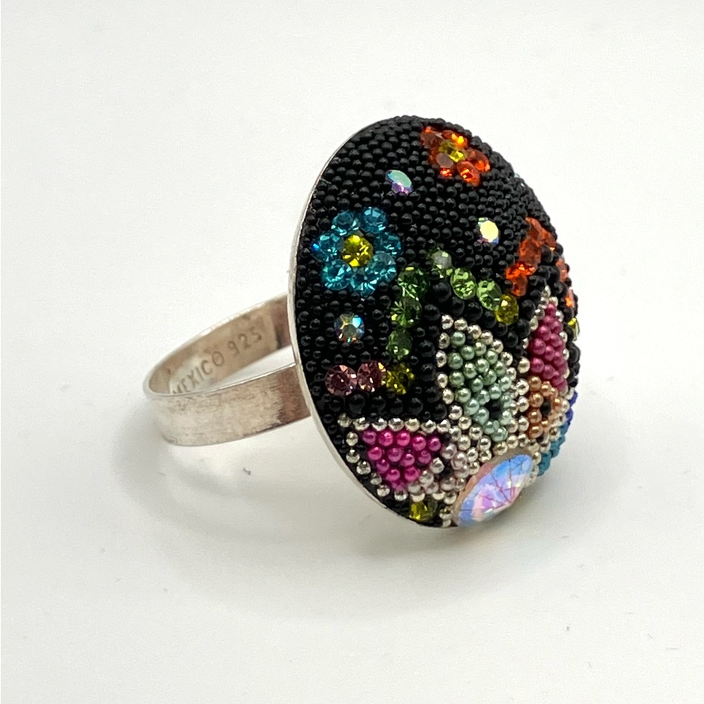 Vintage Micro Beaded Mosaic Ring Mexico 925 Sterling Flower Design, Sz 8